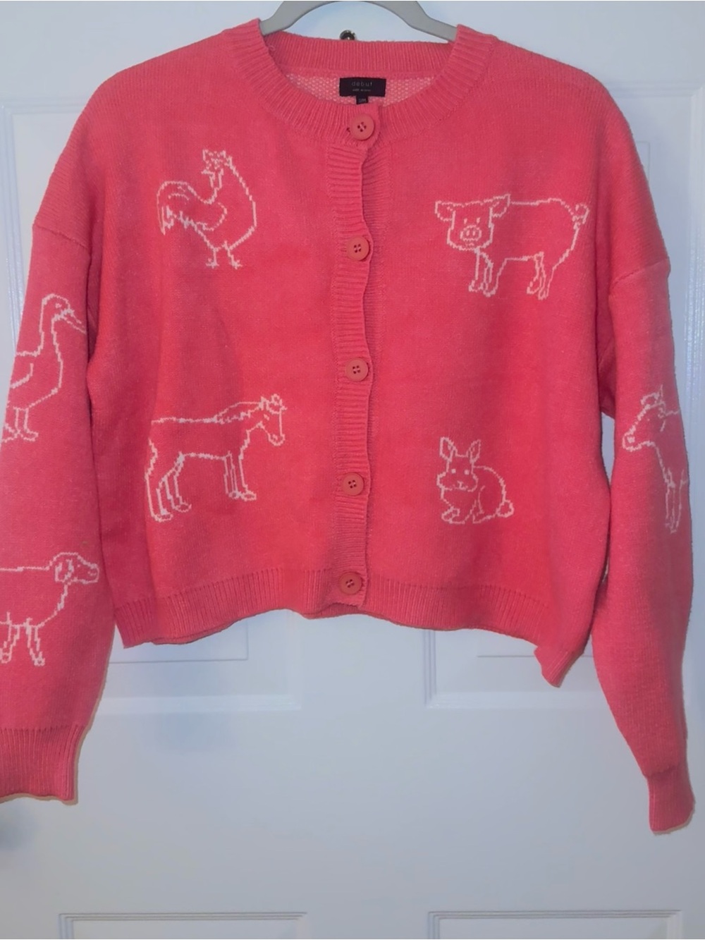 Women's Debut S/M pink farm animal button cardigan sweater